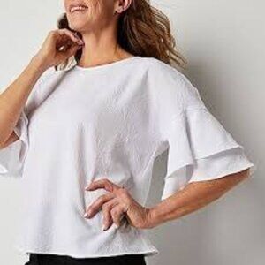 Liz Claiborne Solid White Textured Ruffle Sleeve Blouse Keyhole Back NEW Medium